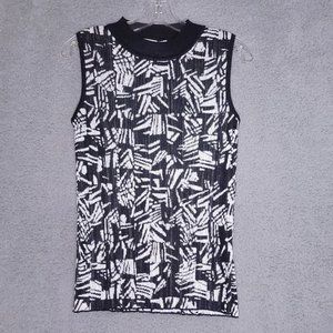 Hugo Boss Womens Blouse Black White Geometric‎ Sleeveless Mock Neck Italy XS New